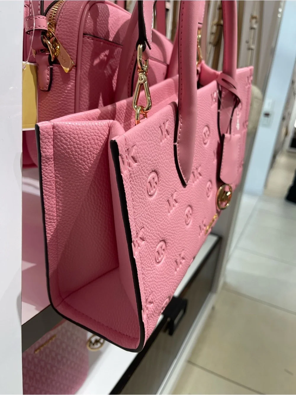 MICHAEL KORS Mirella Md EW Top Zip Logo Debossed Satchel Shoulder Carnation NWT